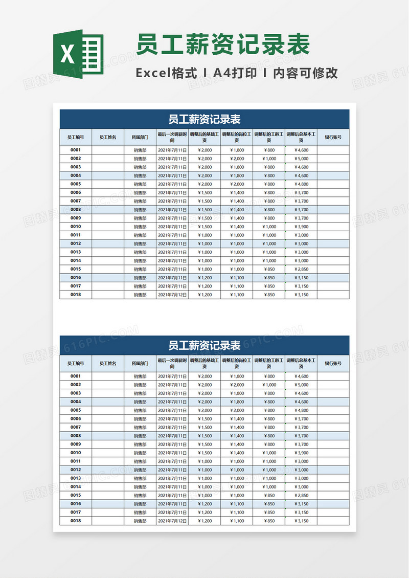 员工薪资记录表excel模板