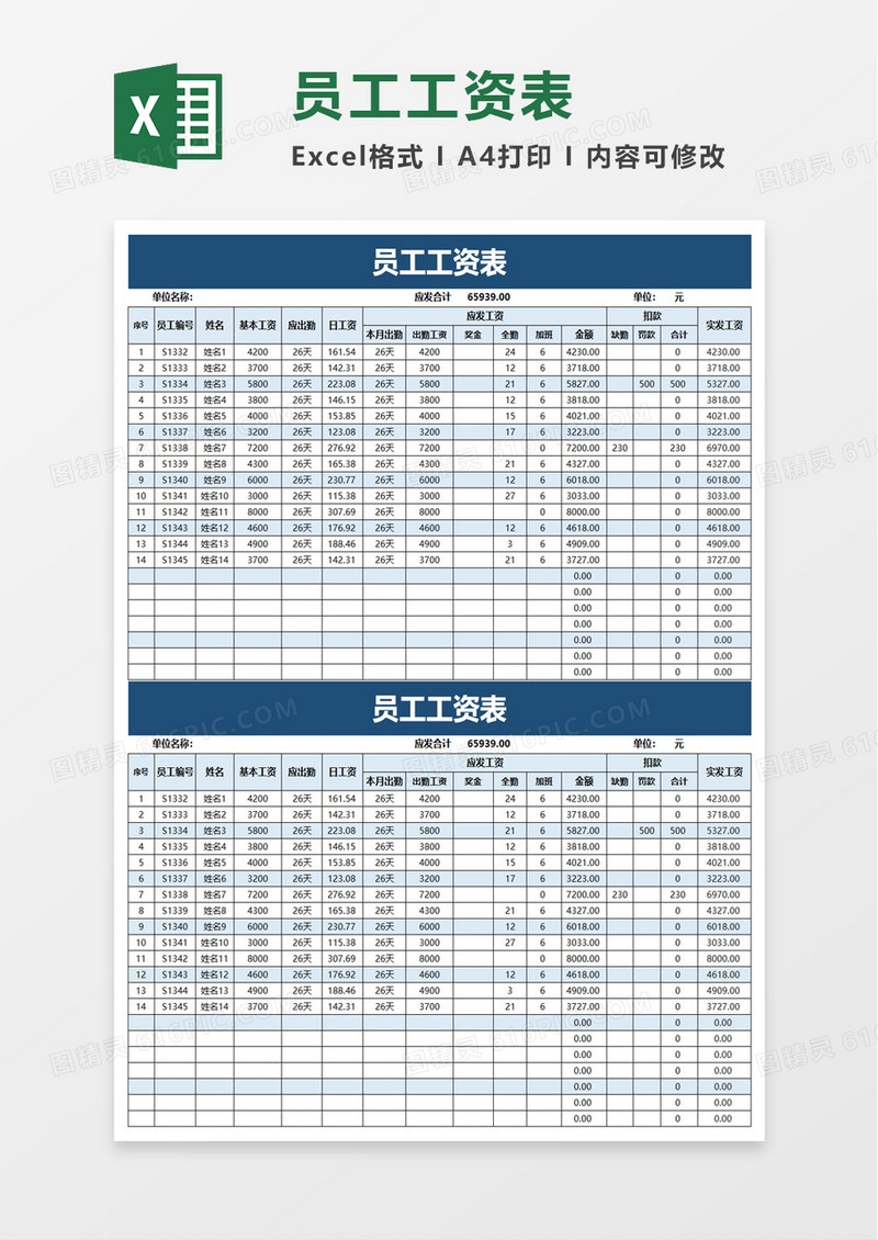 实用企业员工工资表excel模板