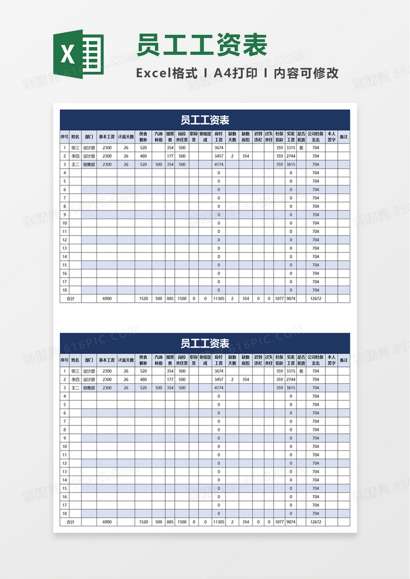 财务人事员工工资表excel模板