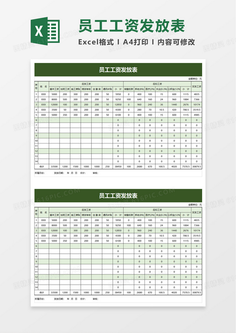 职工工资发放表excel模板