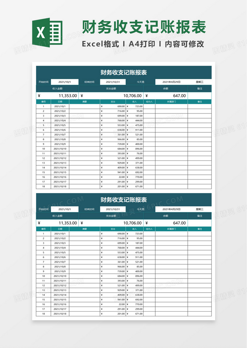 财务收支记账报表excel模板