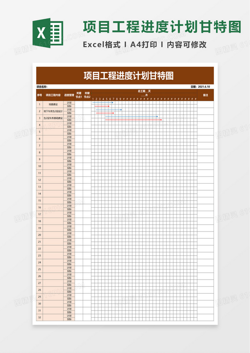 简单项目工程进度计划甘特图excel模板