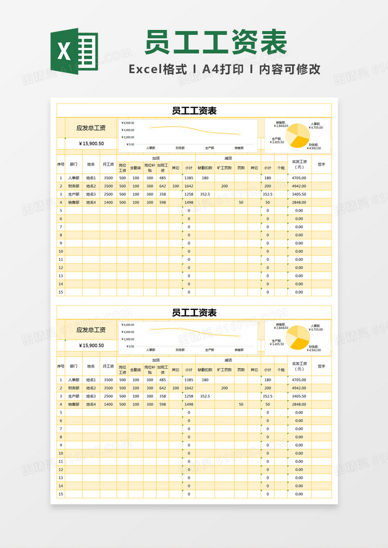 黄色简约员工工资表excel模版