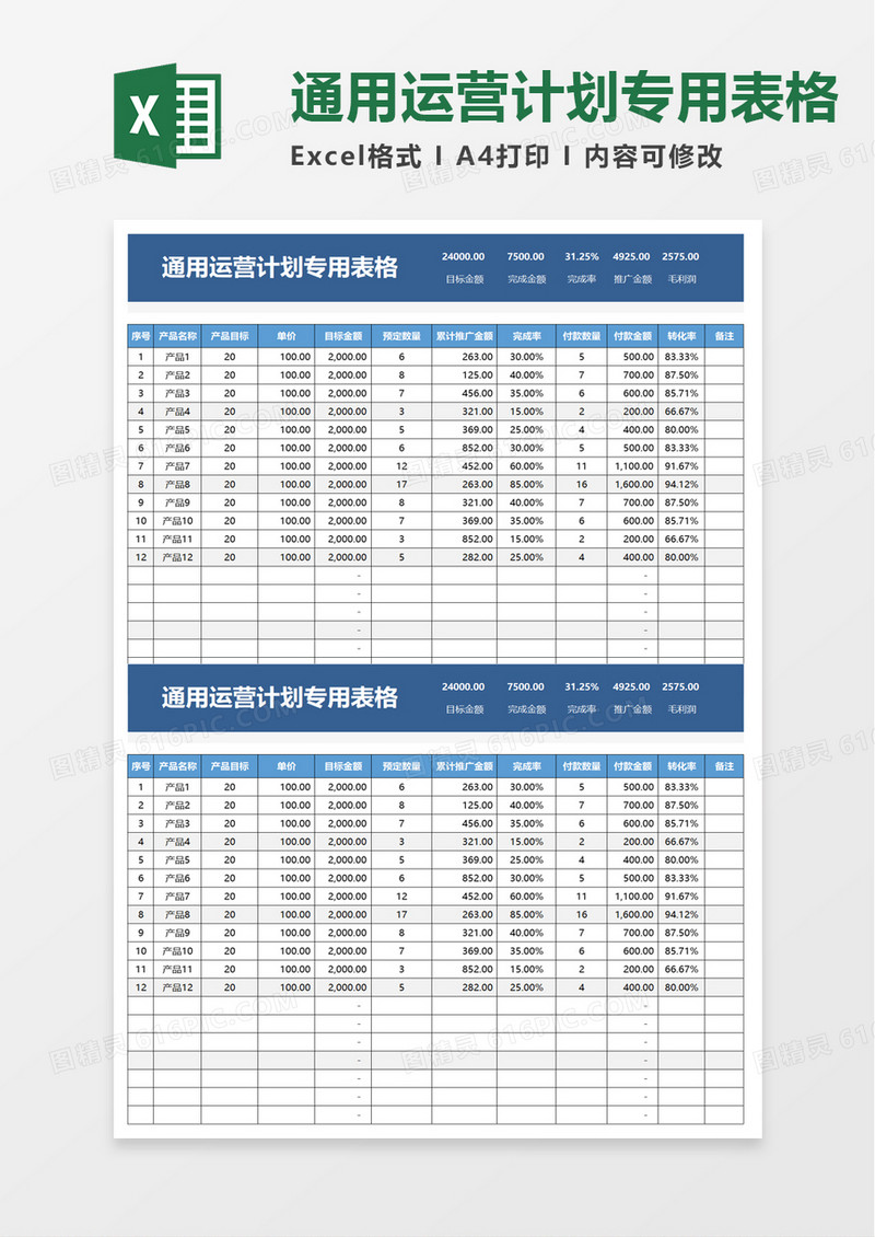 通用运营计划专用表格excel模板