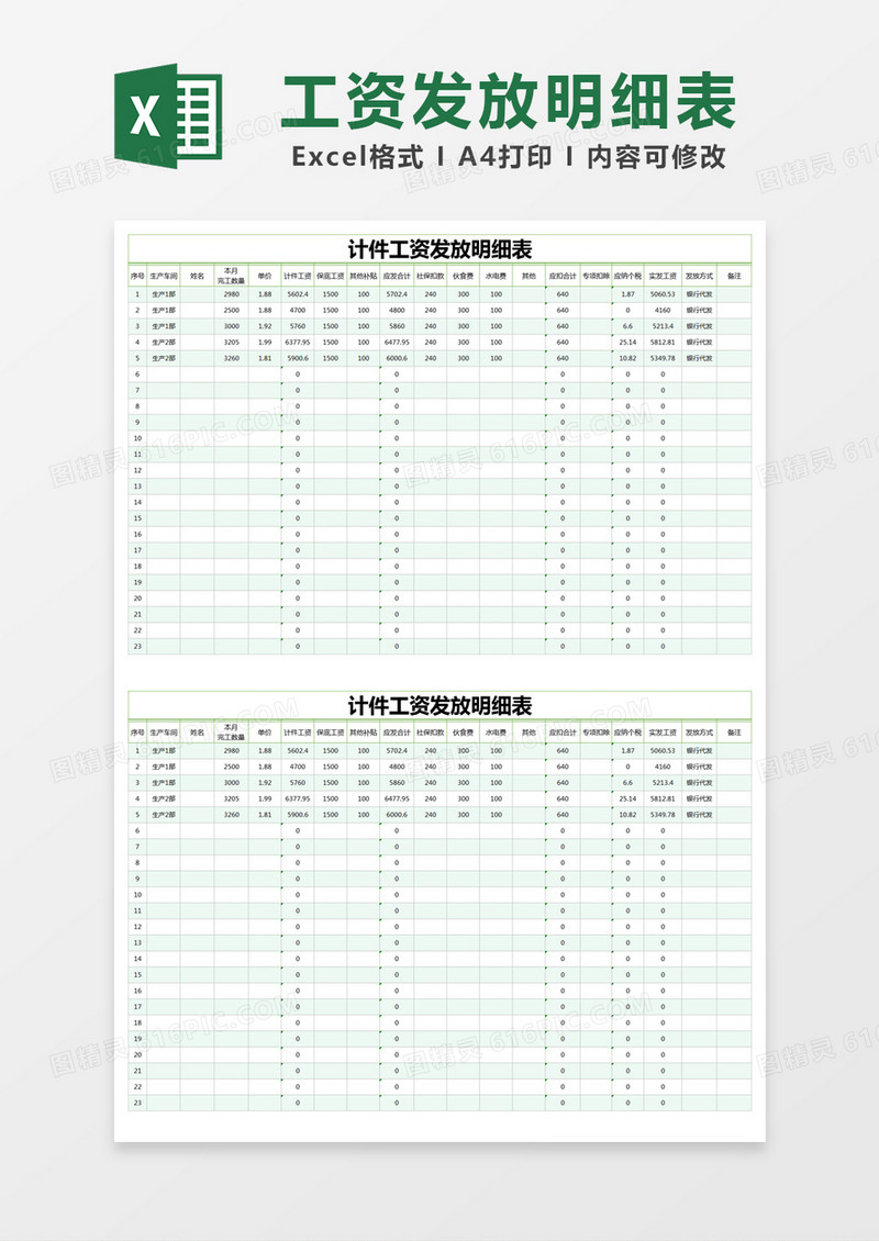 绿色简约计件工资发放明细表excel模版