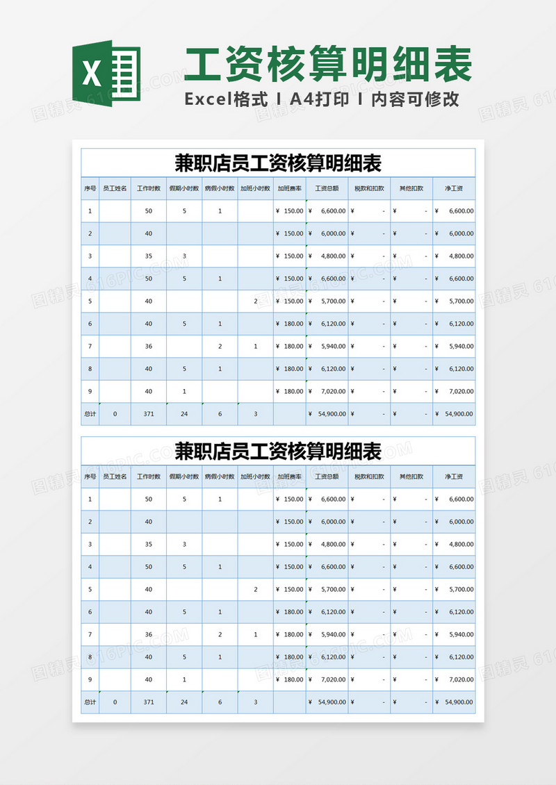 蓝色简约兼职店员工资核算明细表excel模版