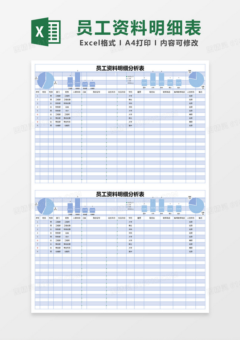 蓝色简约员工资料明细分析表excel模版