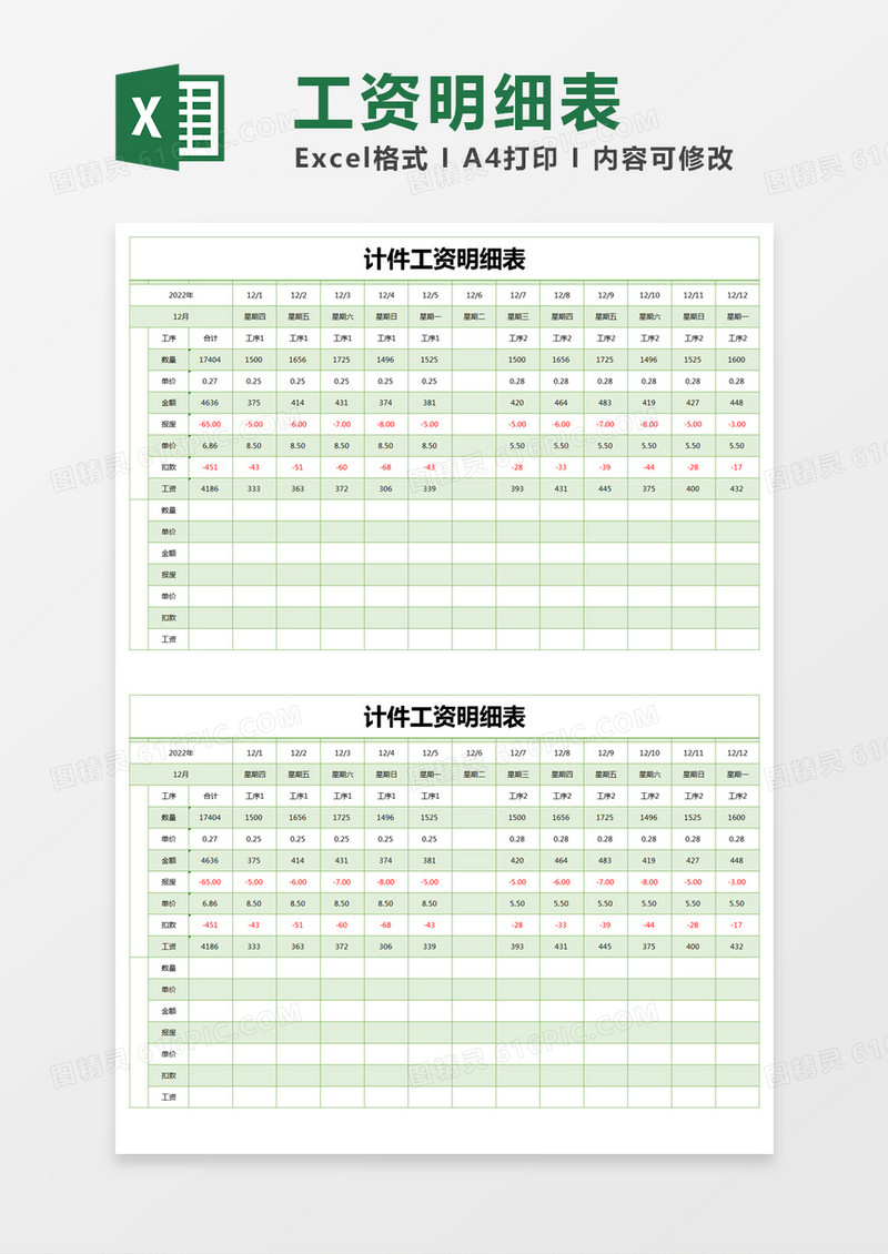 绿色简约计件工资明细表excel模版