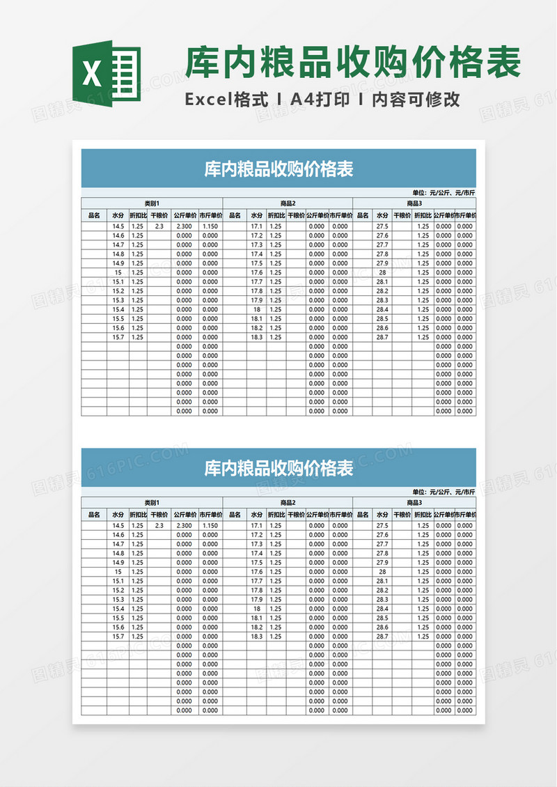 库内粮品收购价格表excel模板