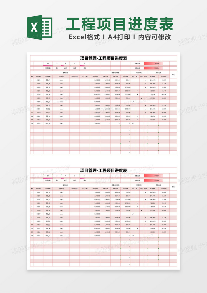 红色简约项目管理工程项目进度表excel模版