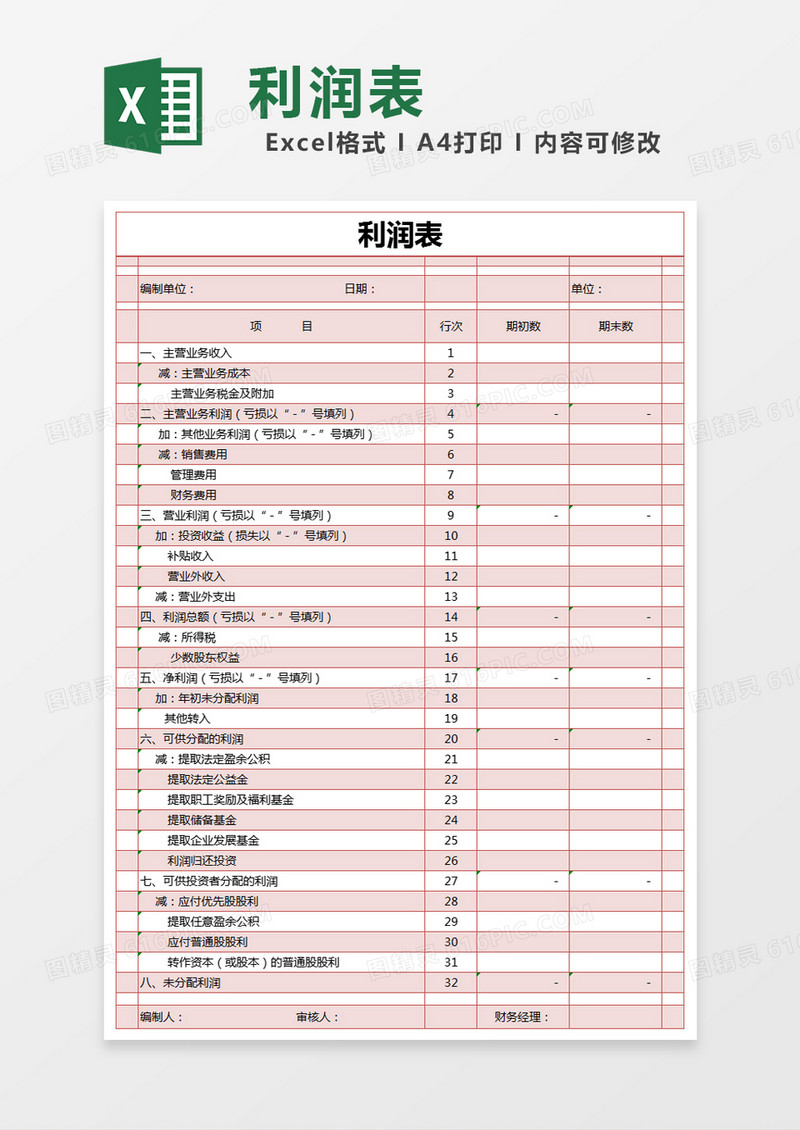 红色简约利润表excel模版