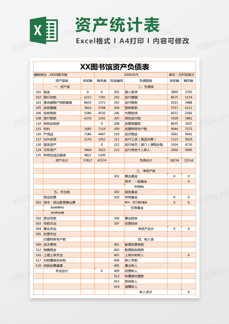 橙色简约图书馆资产负债表excel模版