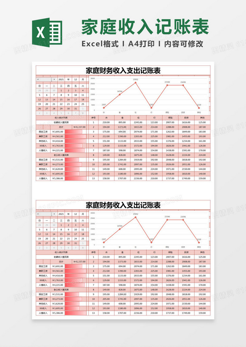 红色简约家庭财务收入支出记账表excel模版
