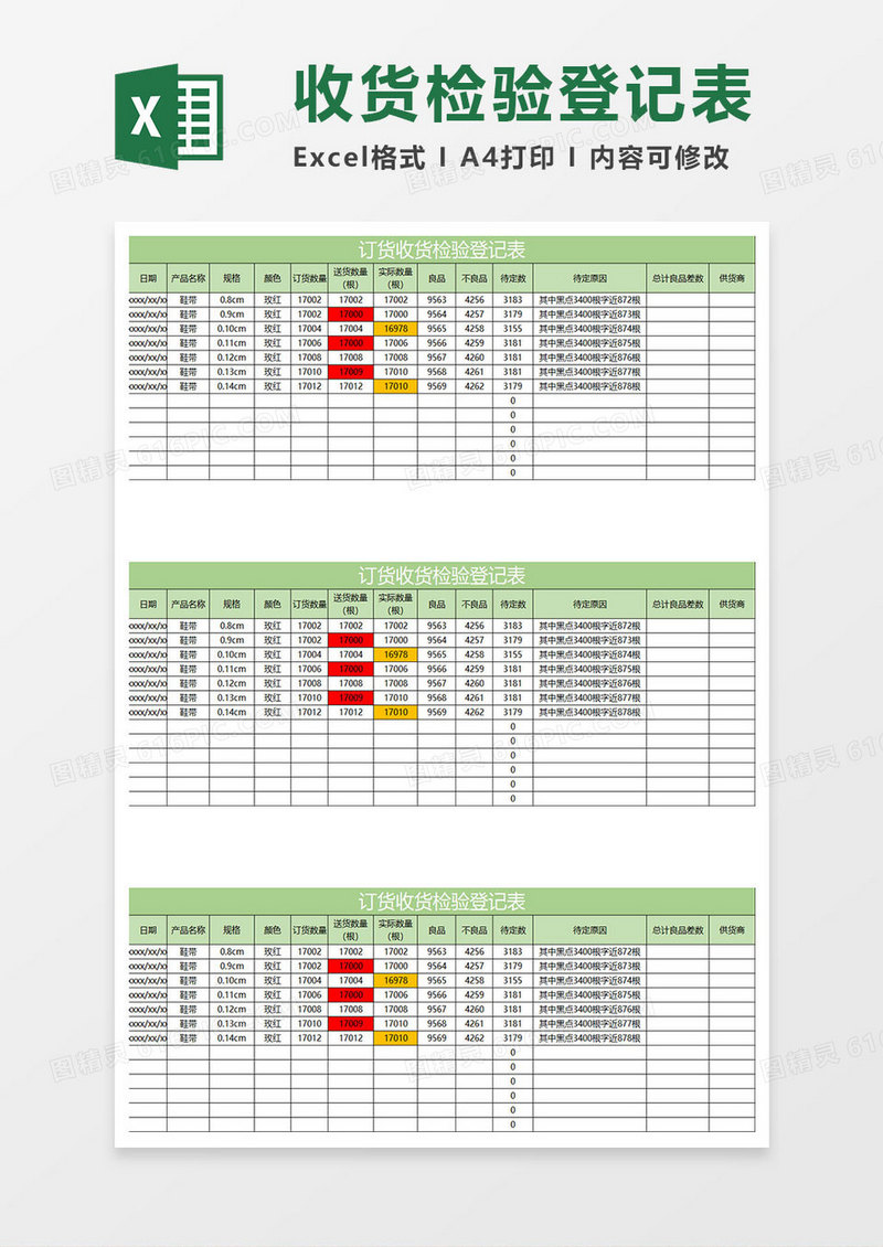 浅绿简约订货收货检验登记表
