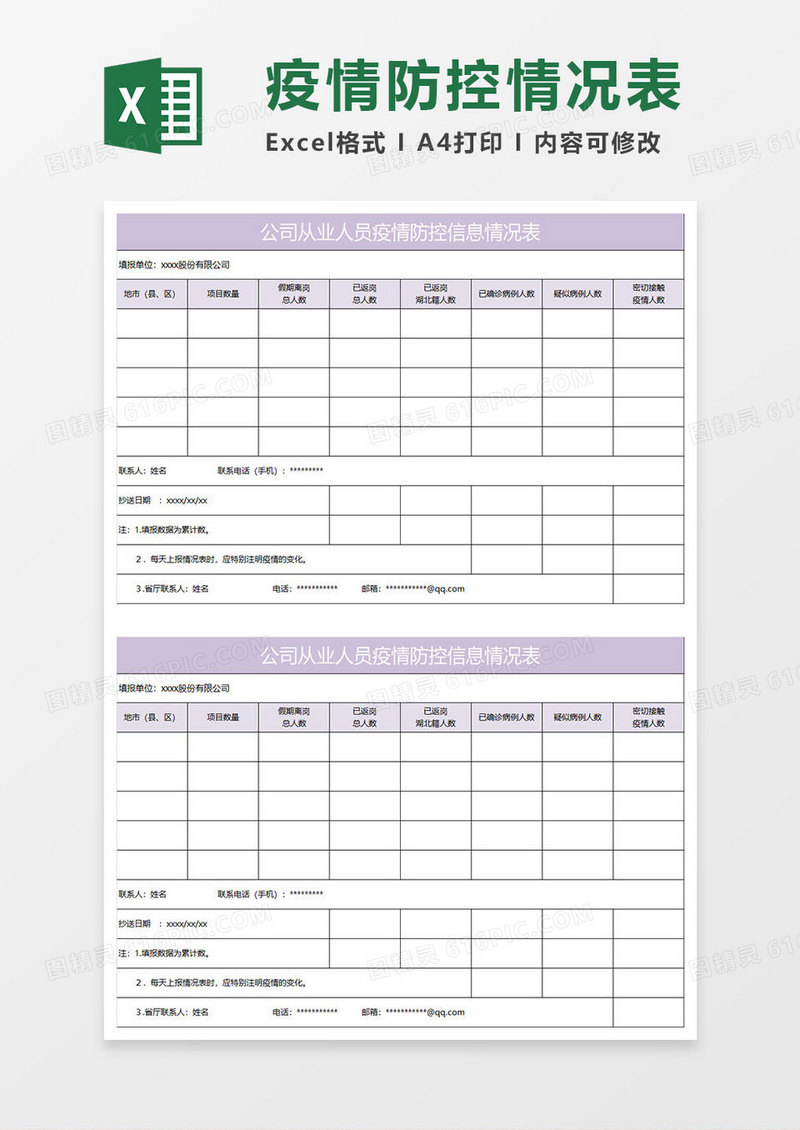 淡紫简约公司从业人员疫情防控信息情况表