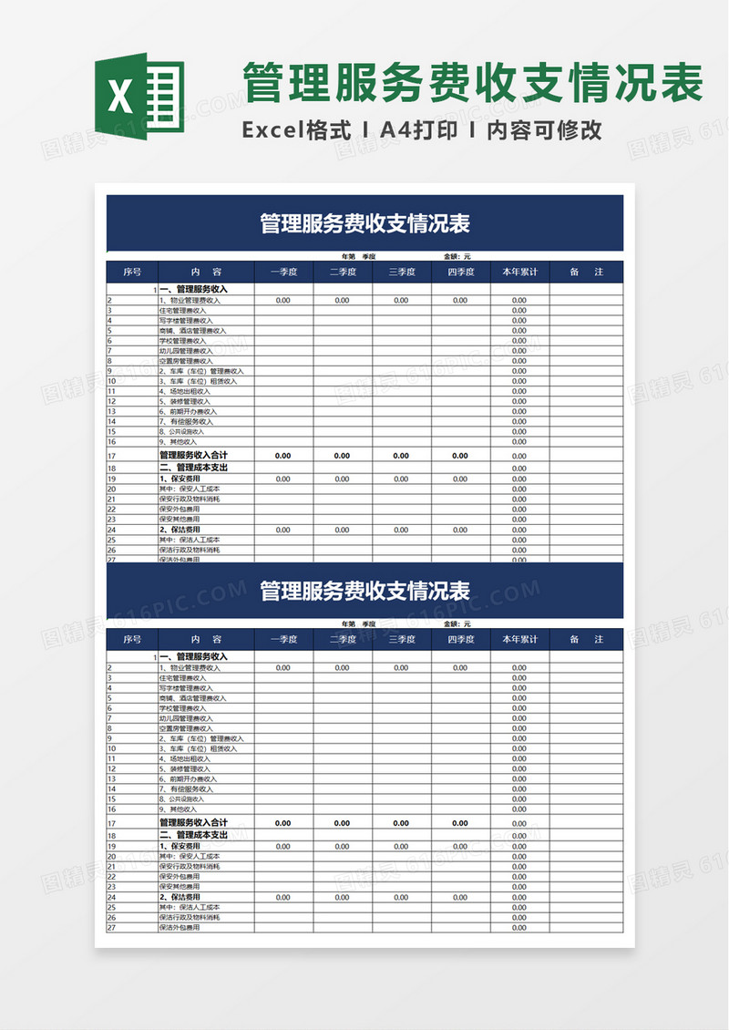 管理服务费收支情况表excel模板