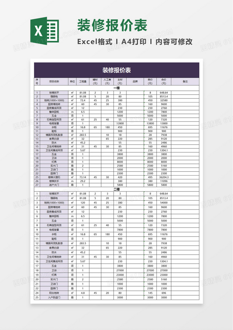 装修报价表excel模板