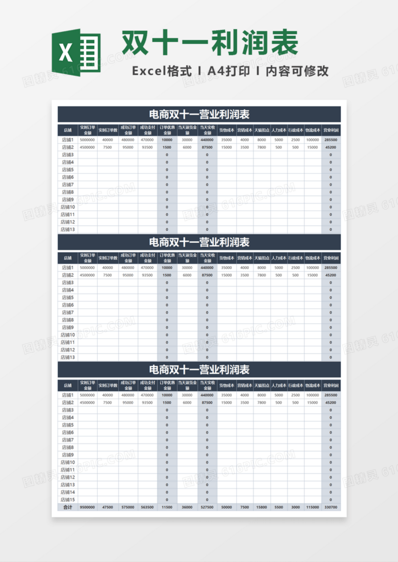 电商双十一营业利润表Excel模板