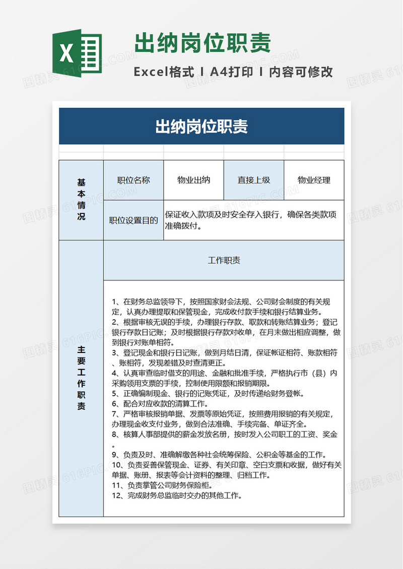出纳岗位职责excel模板