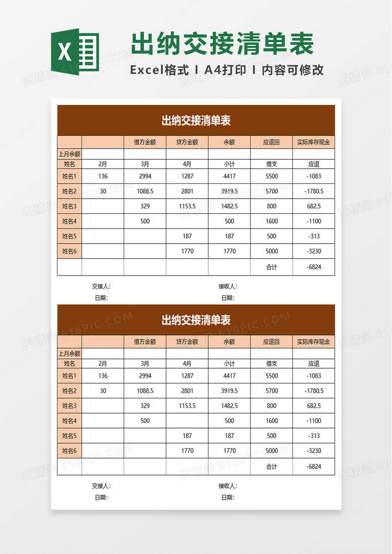 出纳交接清单表excel模板