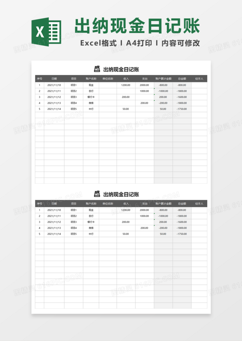 公司出纳现金日记账Excel模板