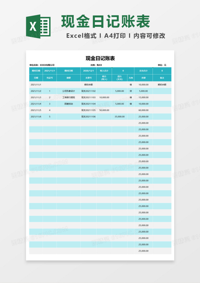 出纳现金日记账表Excel模板