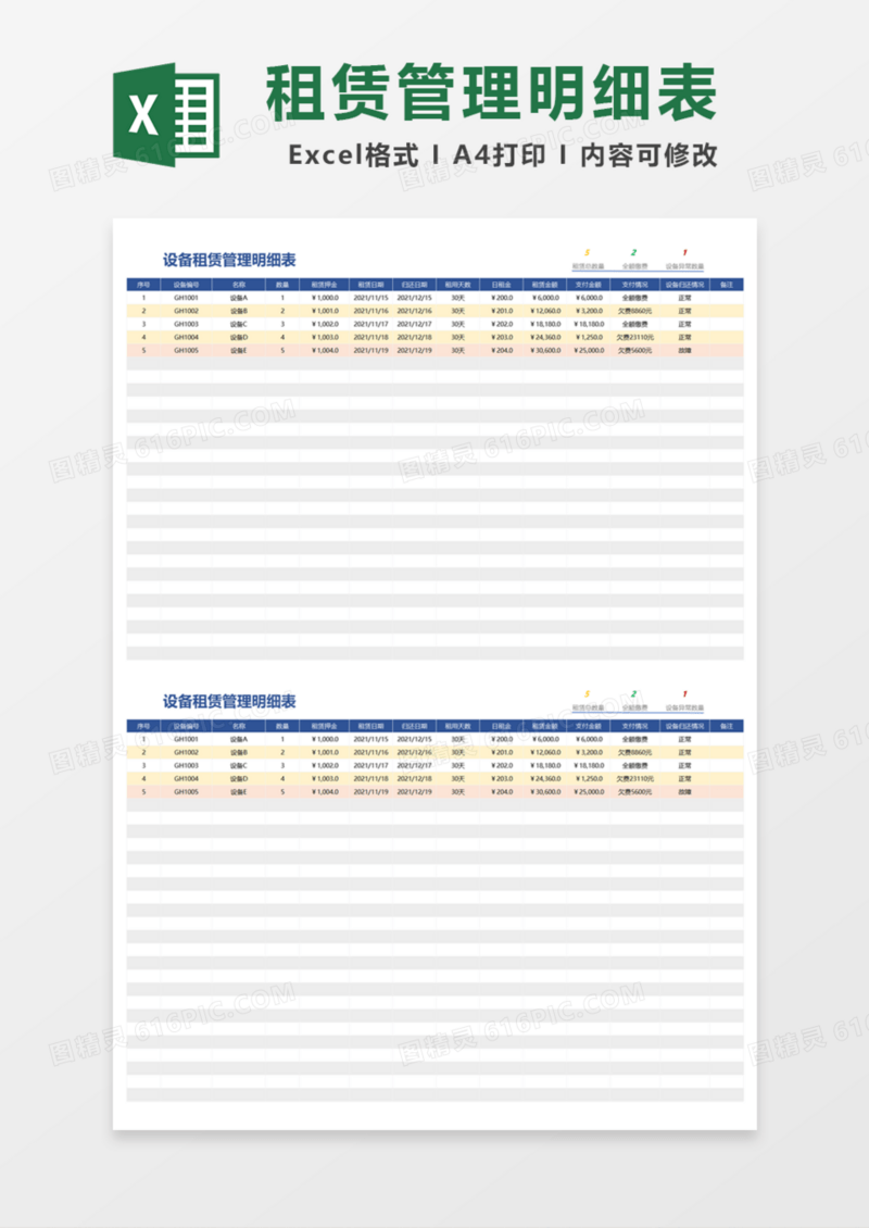 实用设备租赁管理明细表Excel模板