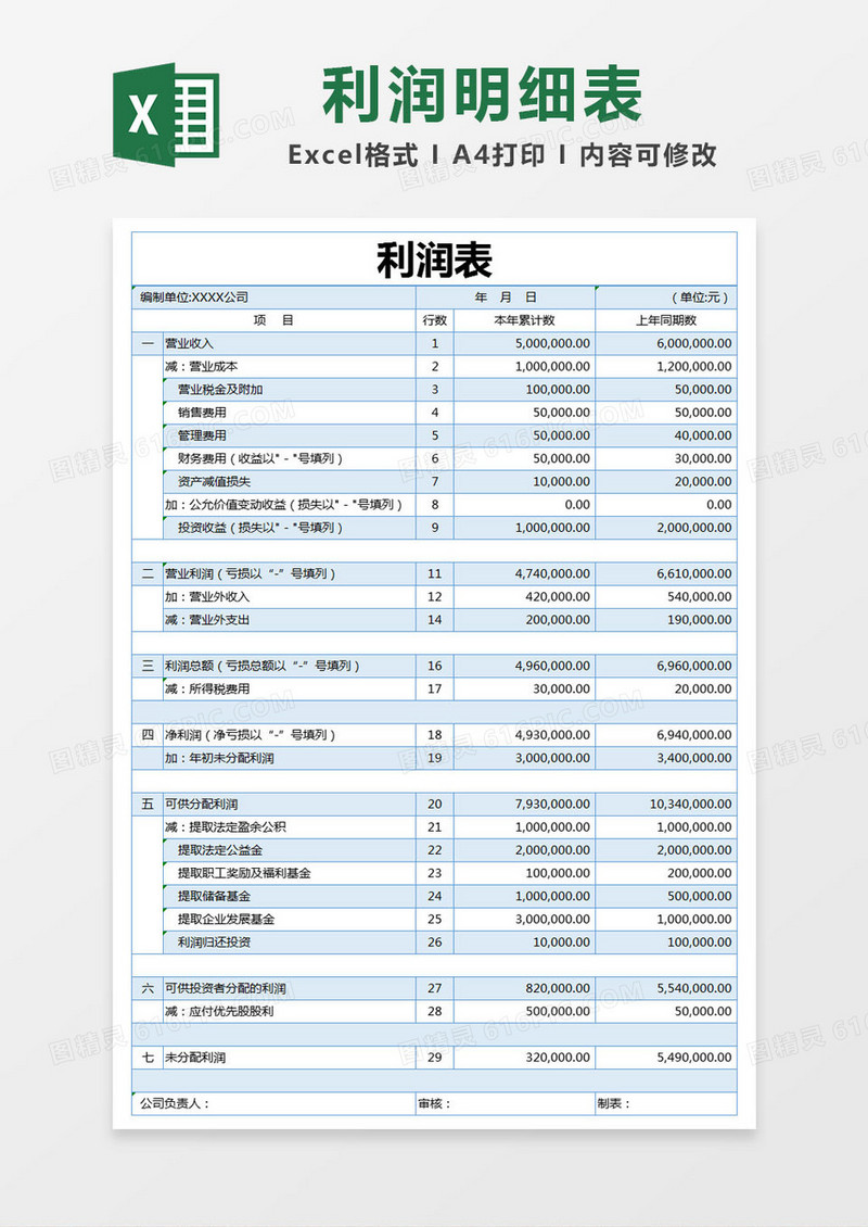 蓝色简约利润表excel模版