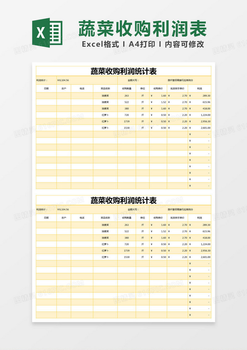 黄色简约蔬菜收购利润统计表excel模版