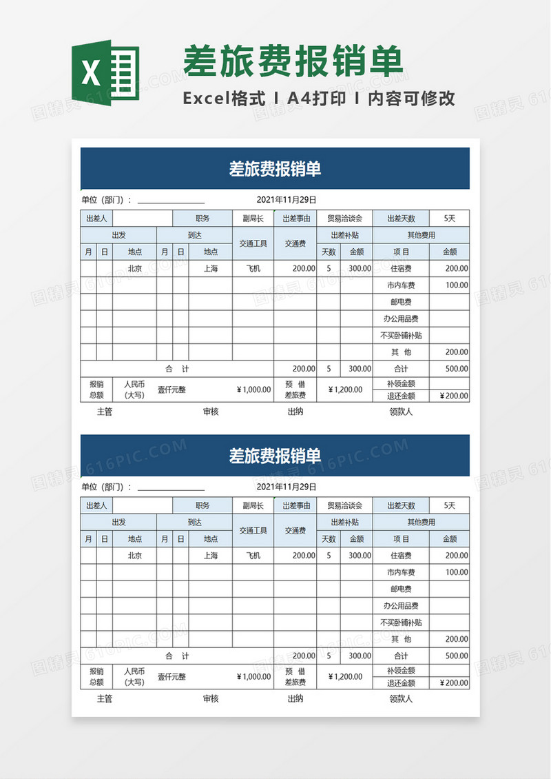 简洁实用公司差旅费报销单excel模板