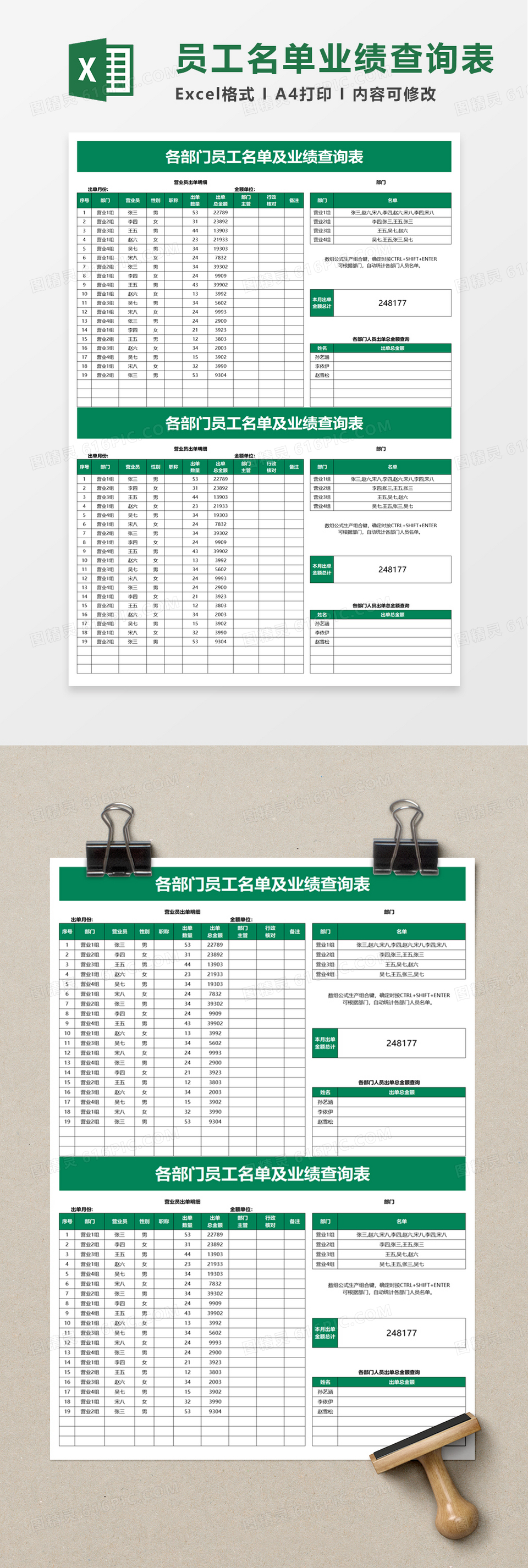 各部门员工名单及业绩查询表excel模板