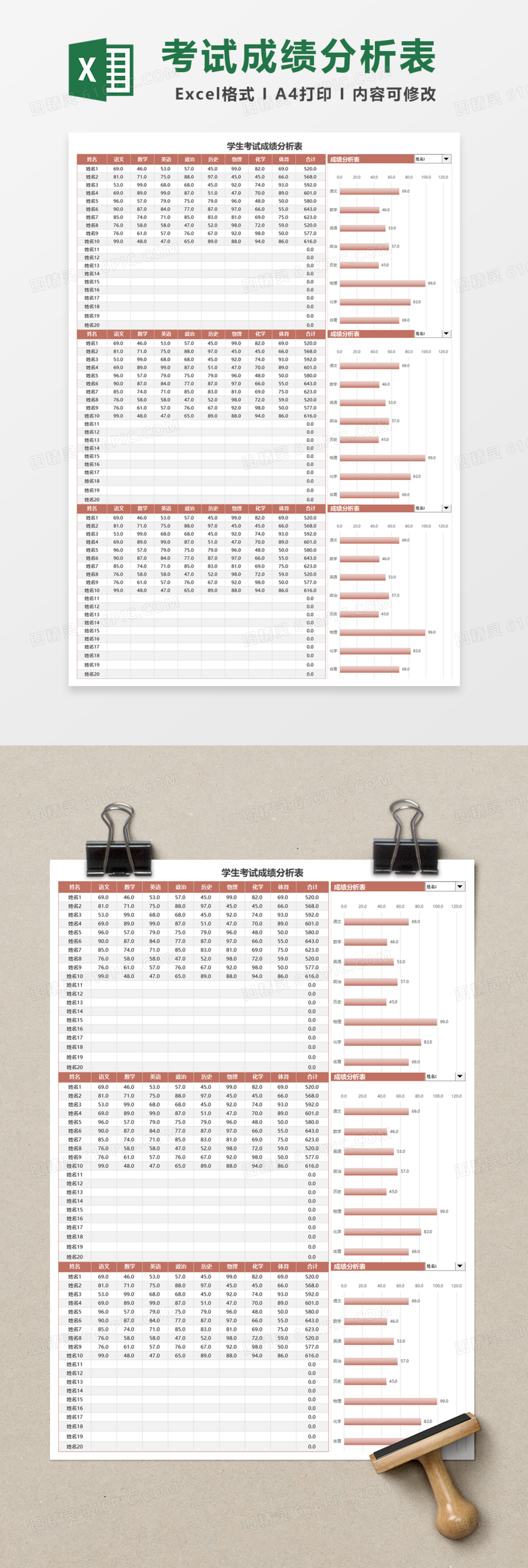 动态可选学生考试成绩分析表Excel模板