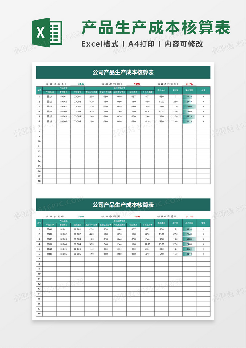 公司产品生产成本核算表excel模板