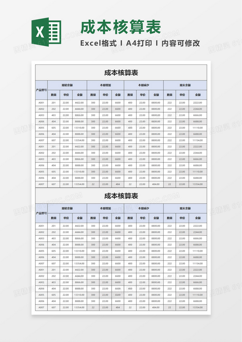 实用简约成本核算表excel模板