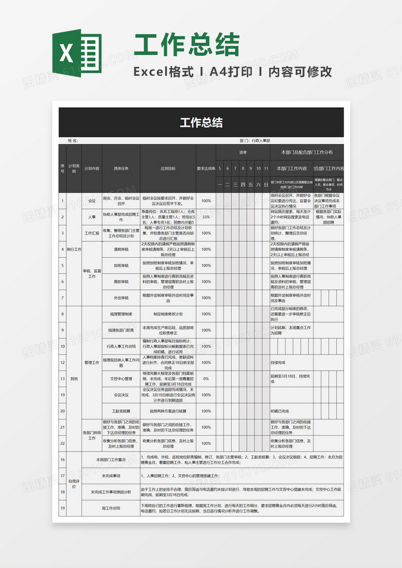 实用个人工作总结excel模板