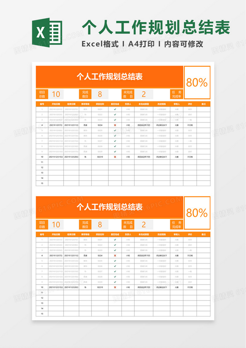 个人工作规划总结表excel 模板