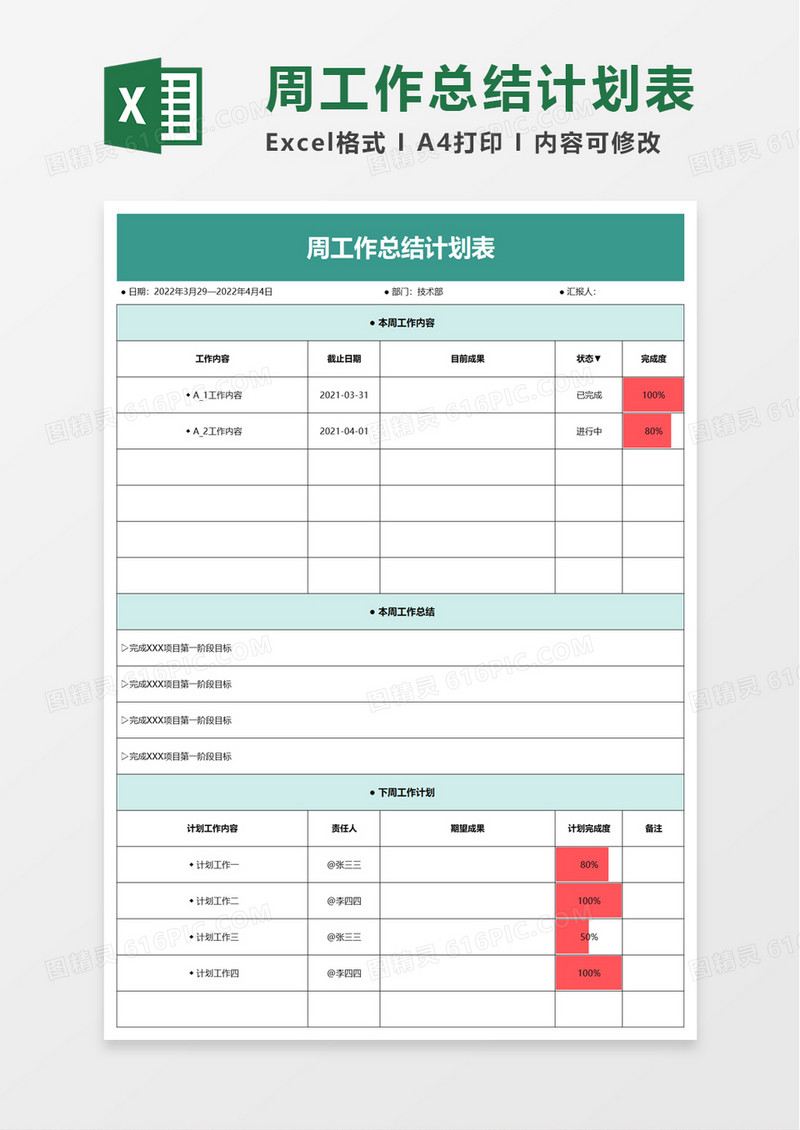 实用周工作总结计划表excel模板