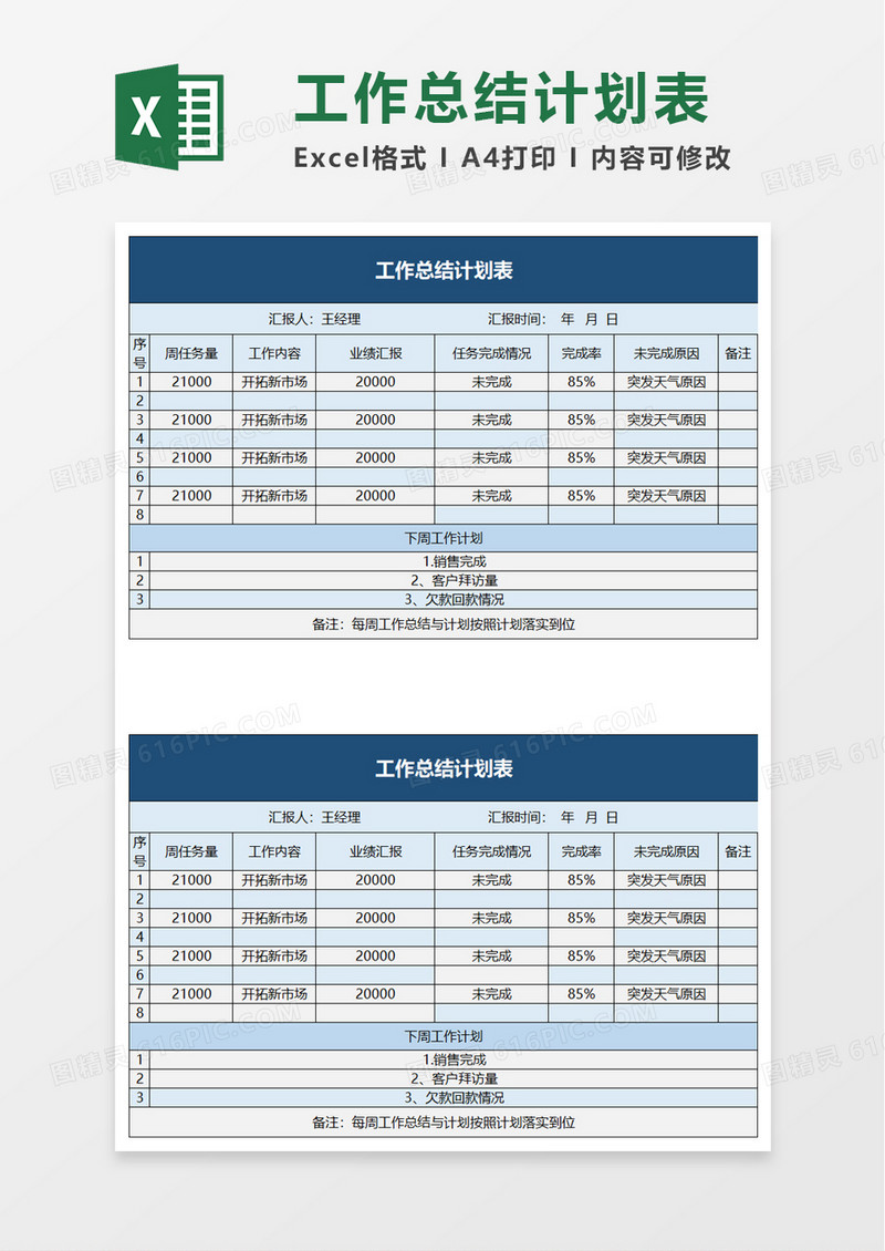 实用工作总结计划表excel模板