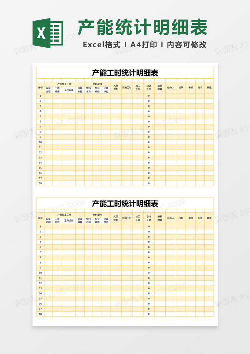 黄色简约产能工时统计明细表excel模版