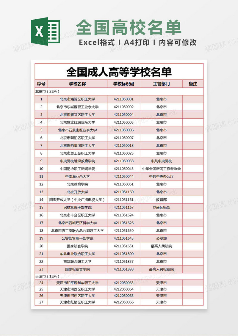 红色简约全国成人高等学校名单excel模版