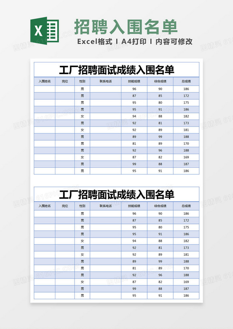 蓝色简约工厂招聘面试成绩入围名单excel模版