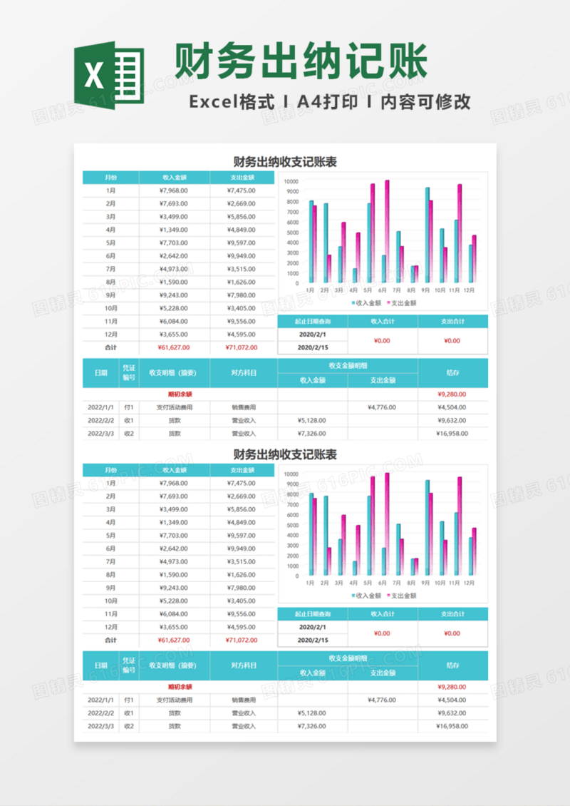 财务出纳收支记账表Excel模板