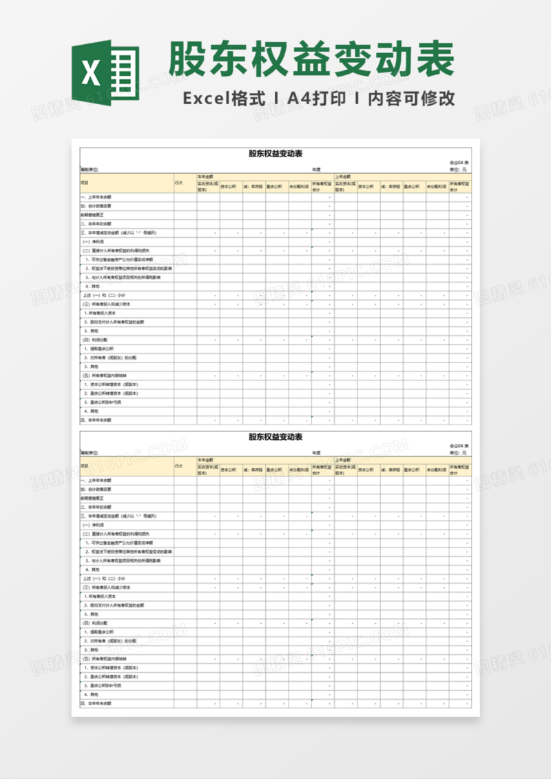 实用股东权益变动表Excel模板
