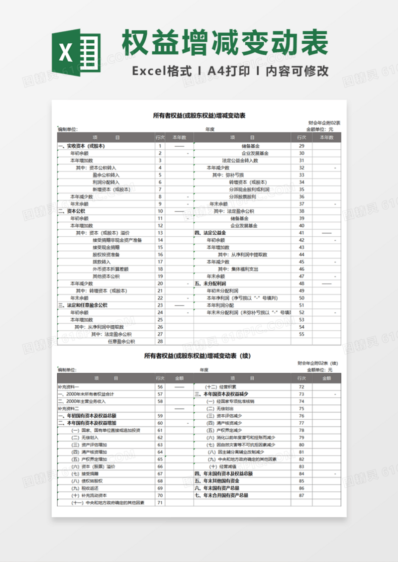 所有者权益或股东权益增减变动表Excel模板