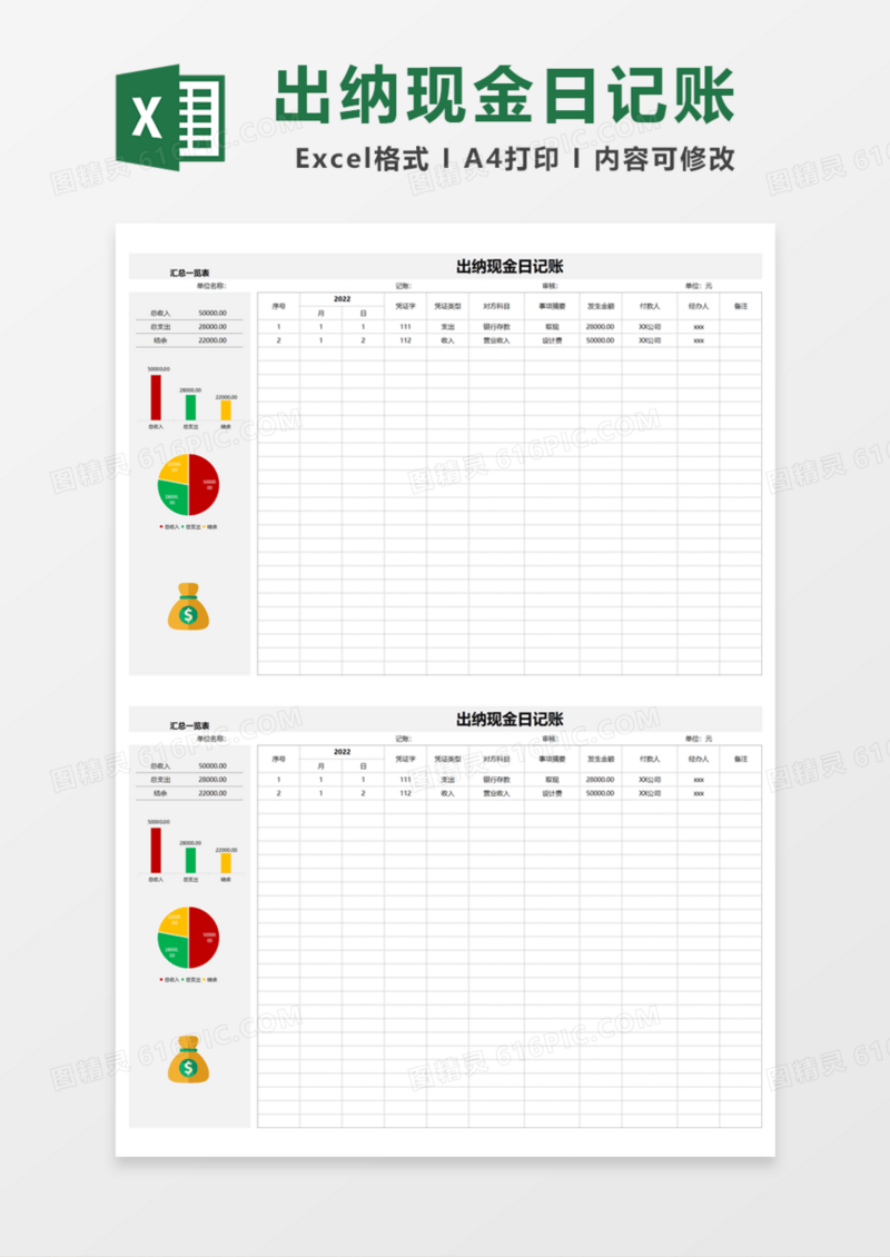 出纳现金日记账表格Excel模板