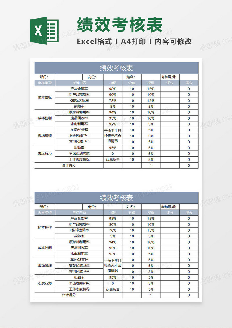 蓝灰简约绩效考核表格