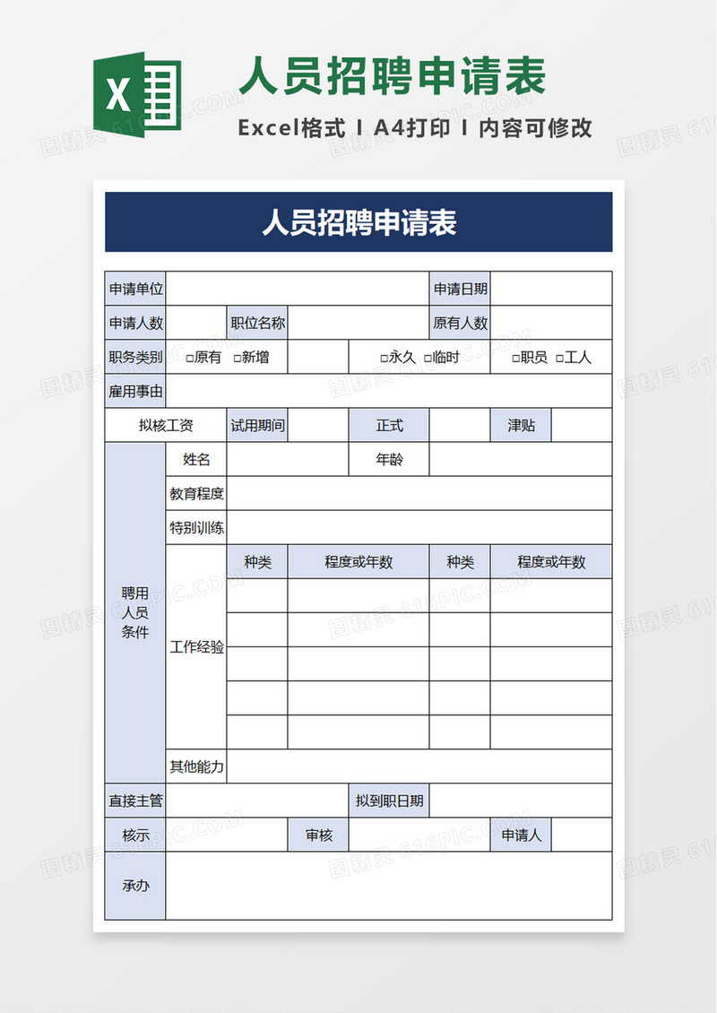 人员招聘申请表excel模板