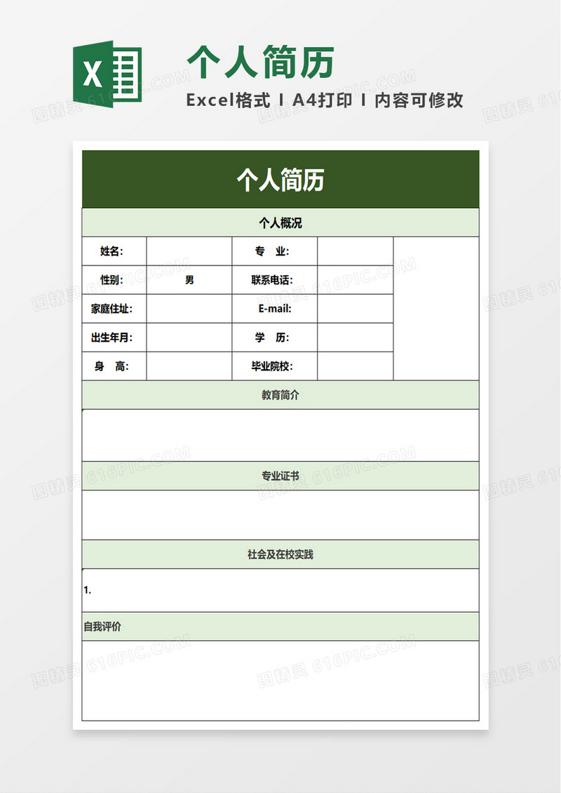 简单实用个人简历excel模板