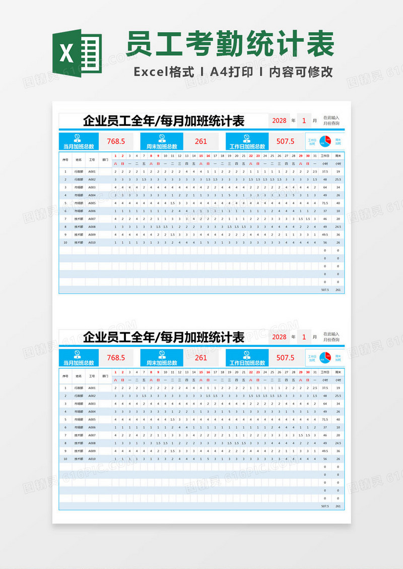 蓝色简约企业员工全年/每月加班统计表excel模版