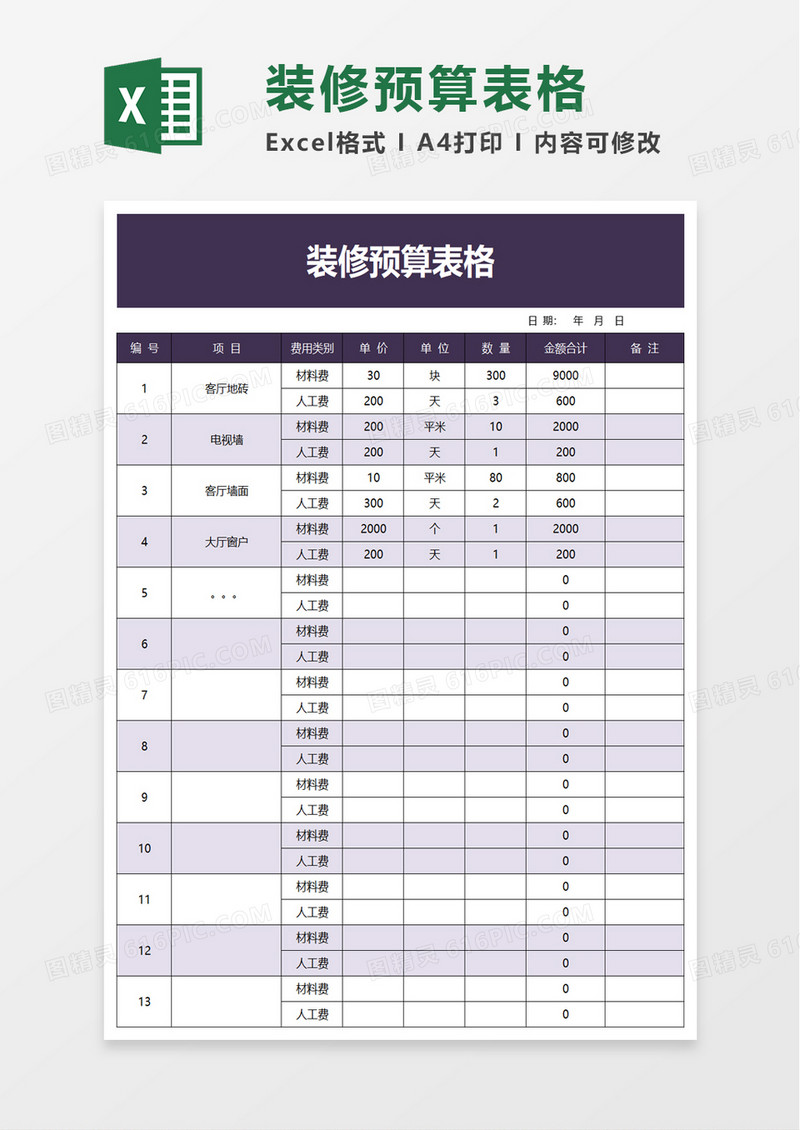 装修预算表格excel模板